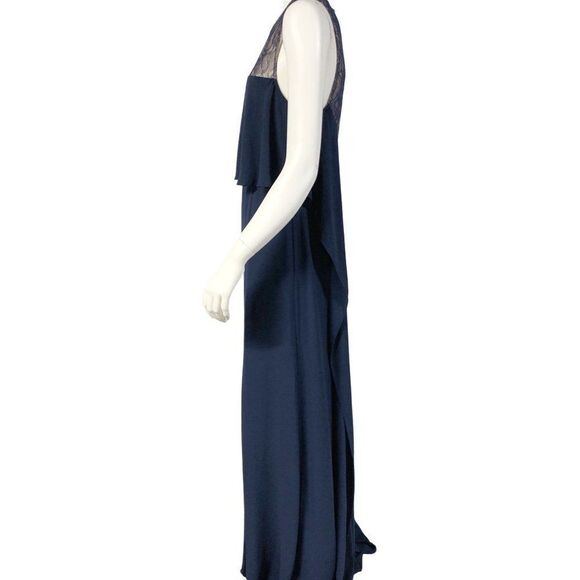 Womens NWT BCBG MaxAzria Cascading Back Ruffle Side Slit Formal Gown Navy - Picture 5 of 12